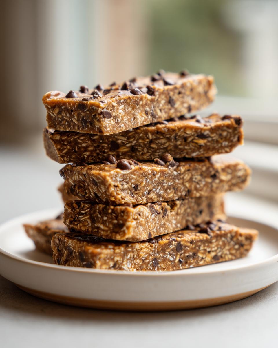 A stack of five homemade, chewy protein bars topped with mini chocolate chips, resting on a white plate.