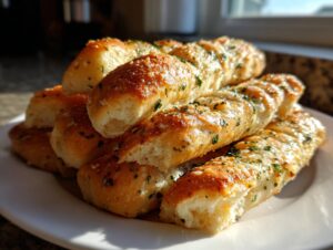 A stack of freshly baked, golden brown garlic parmesan breadsticks sprinkled with herbs on a white plate.