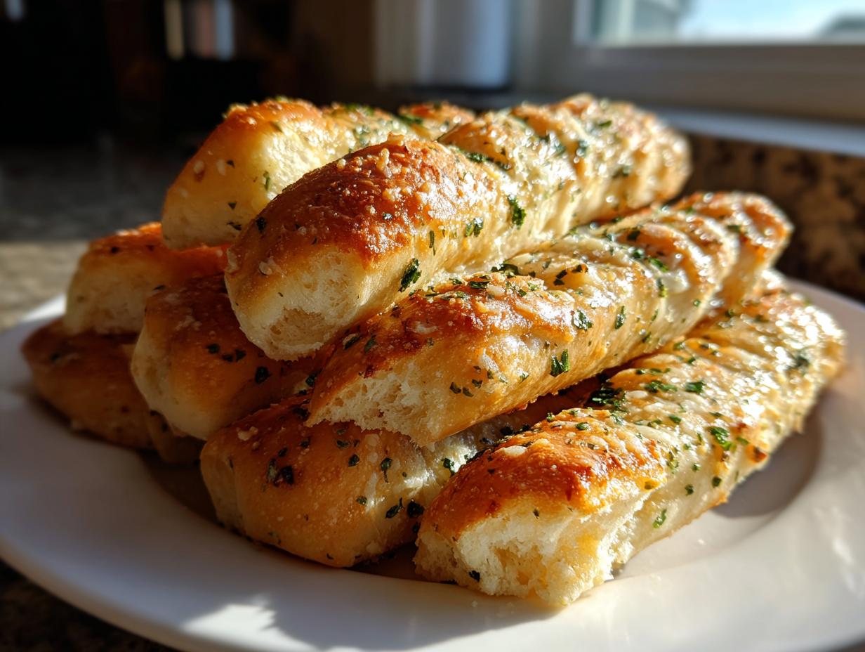 A stack of freshly baked, golden brown garlic parmesan breadsticks sprinkled with herbs on a white plate.