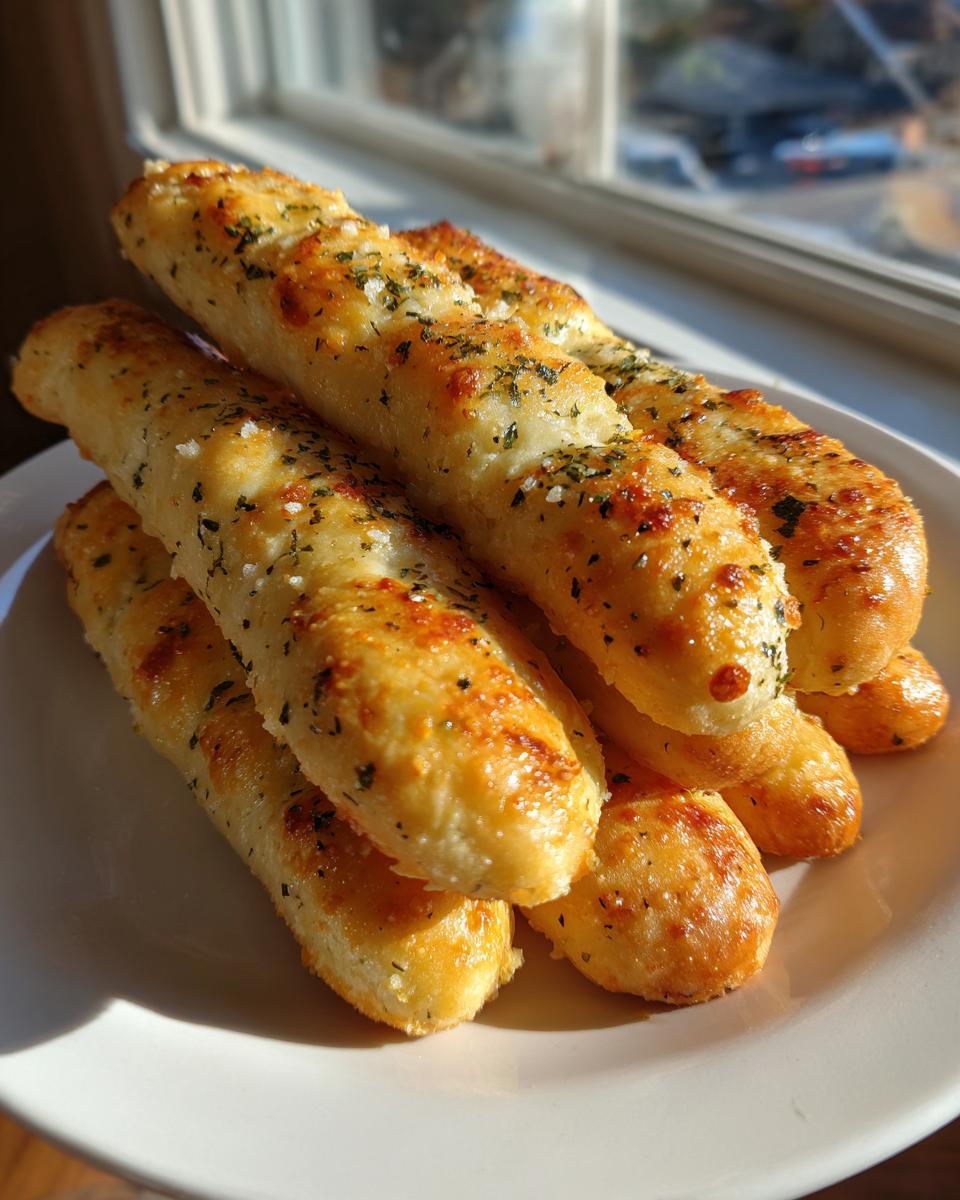 A stack of golden, fluffy breadsticks seasoned with herbs and coarse salt, backlit by a window.