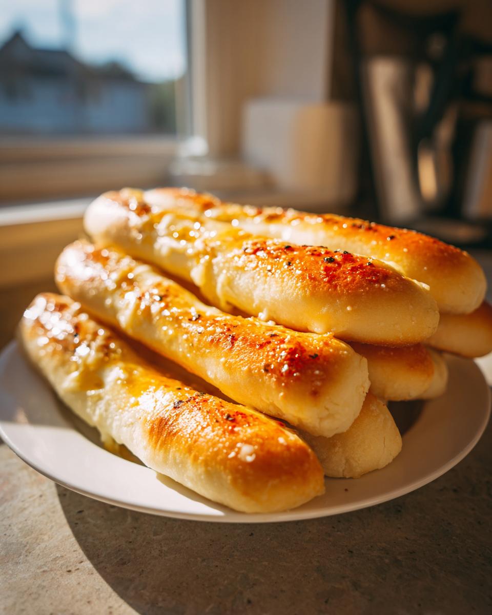A stack of freshly baked, golden brown breadsticks brushed with butter and sprinkled with seasoning, ready to eat.