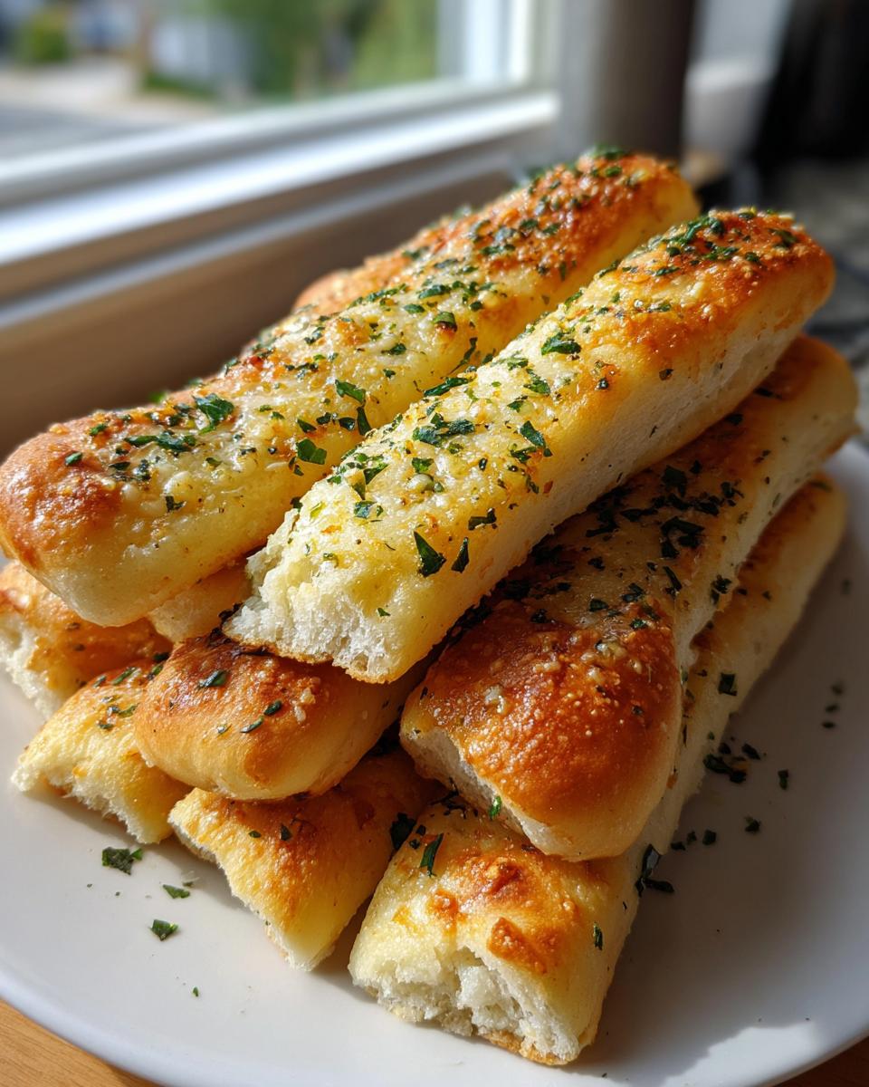 A stack of freshly baked, golden brown breadsticks topped with garlic butter and chopped parsley.