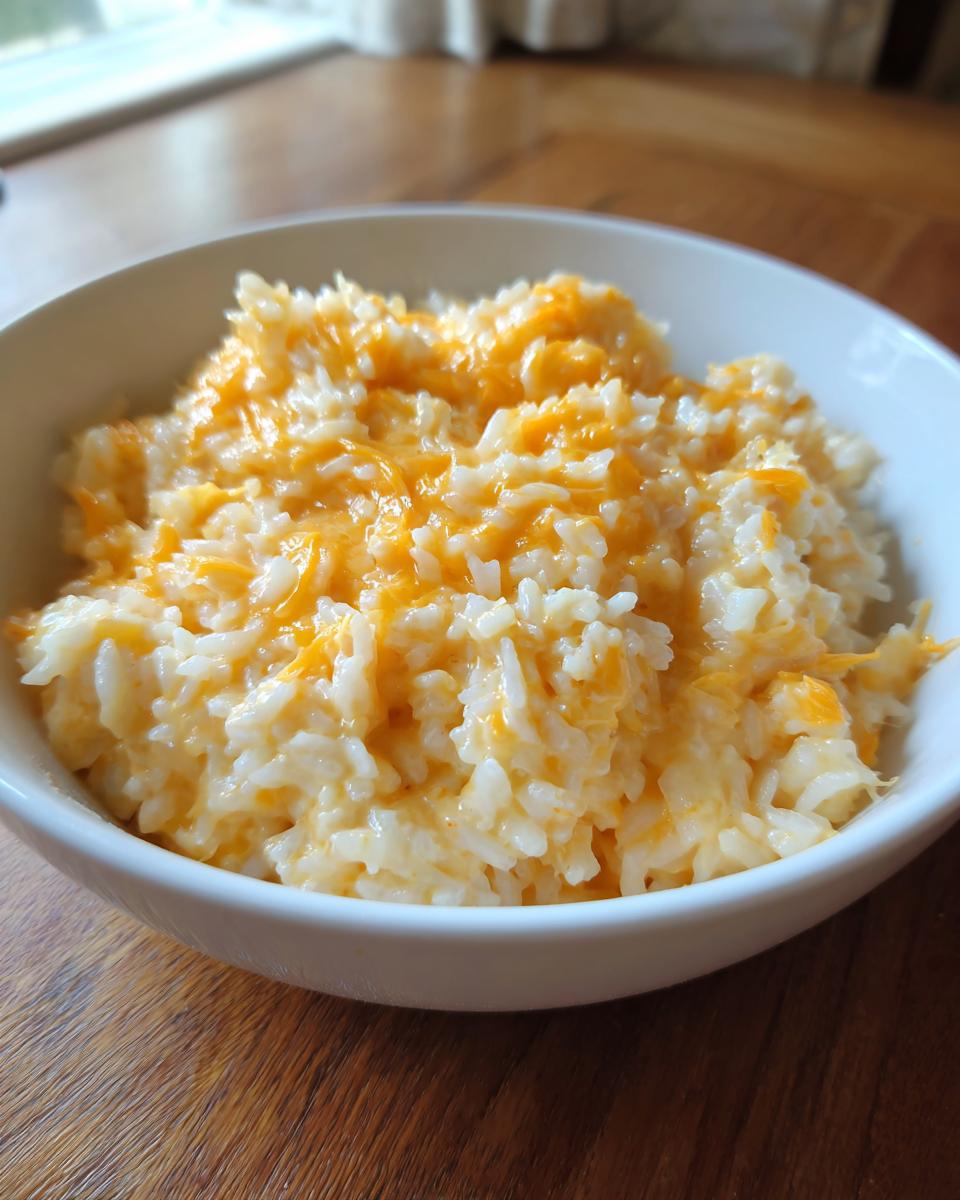 A white bowl filled with creamy, white rice topped generously with melted orange cheddar cheese, showcasing the amazing 1 pot cheesy rice.