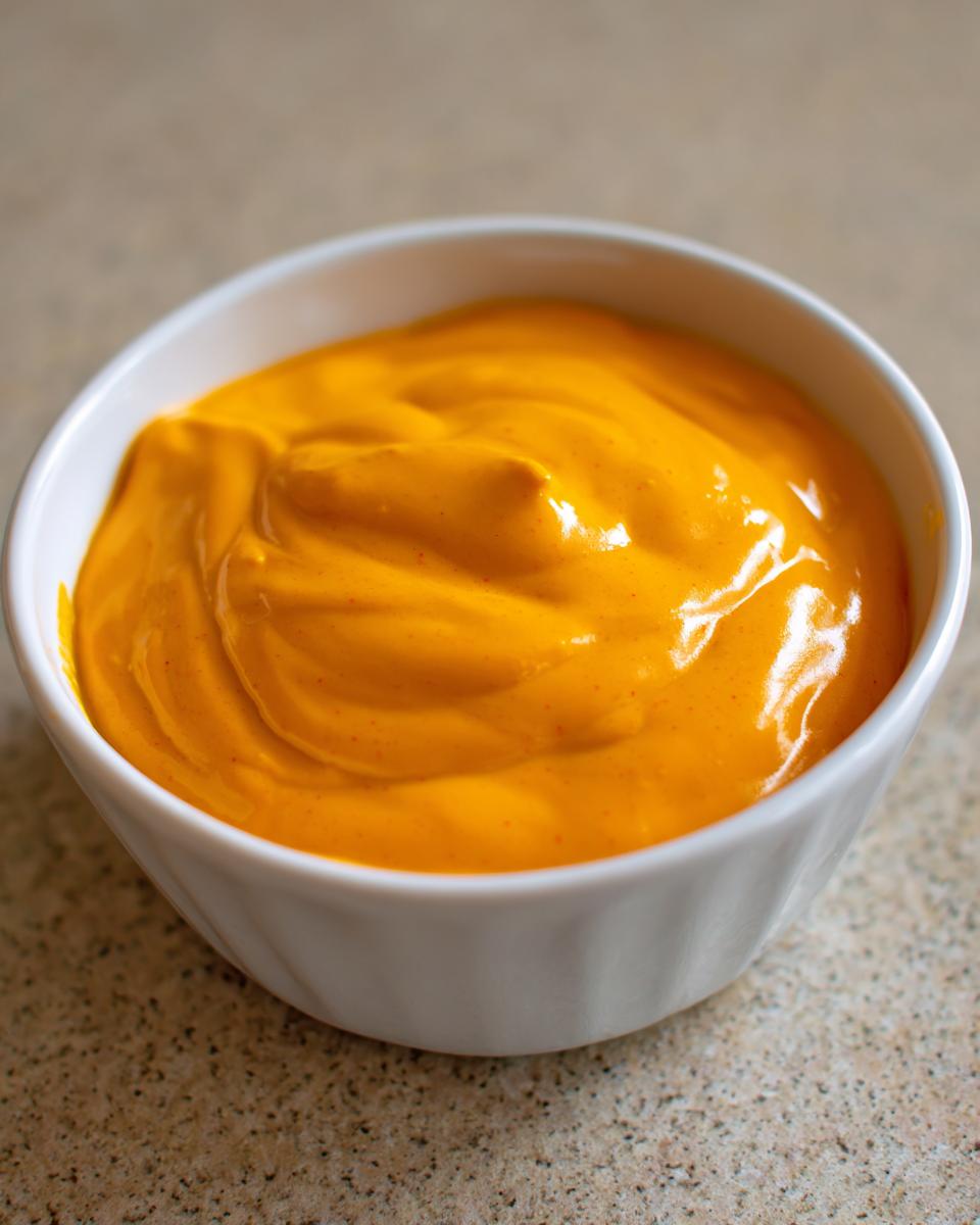 Close-up of rich, orange homemade nacho cheese sauce filling a small white bowl.