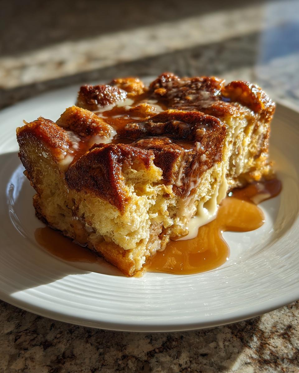 Close-up of a moist slice of bread pudding topped with rich caramel and vanilla glaze.