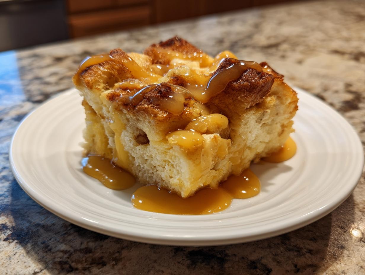 A square serving of moist bread pudding topped generously with thick caramel sauce, served on a white plate.