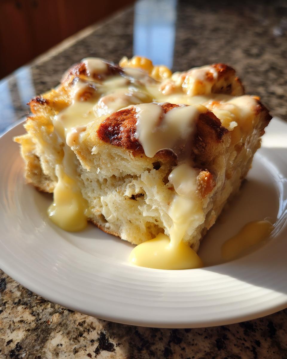A close-up serving of moist bread pudding drizzled generously with a thick, creamy vanilla sauce.