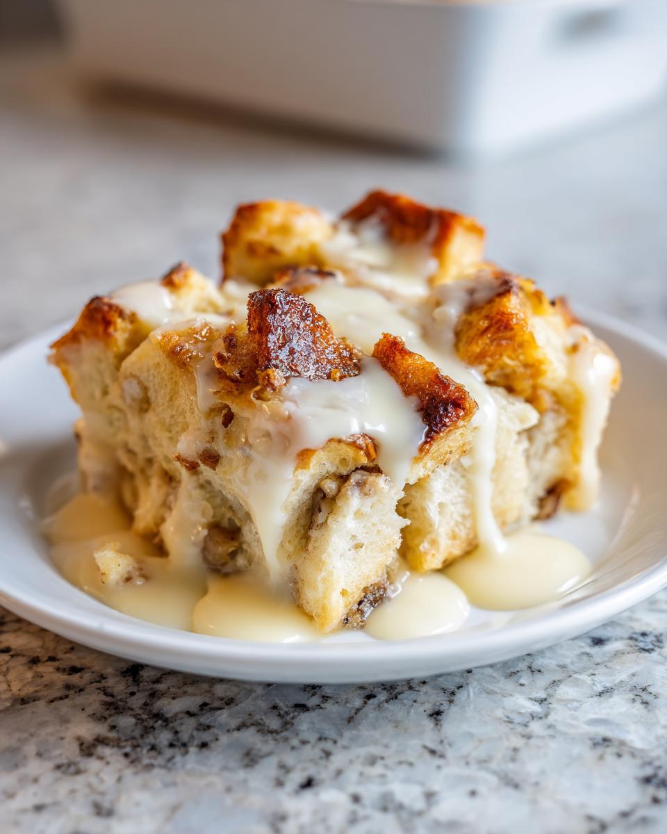 A close-up of a square serving of amazing bread pudding topped generously with a thick, white vanilla sauce.