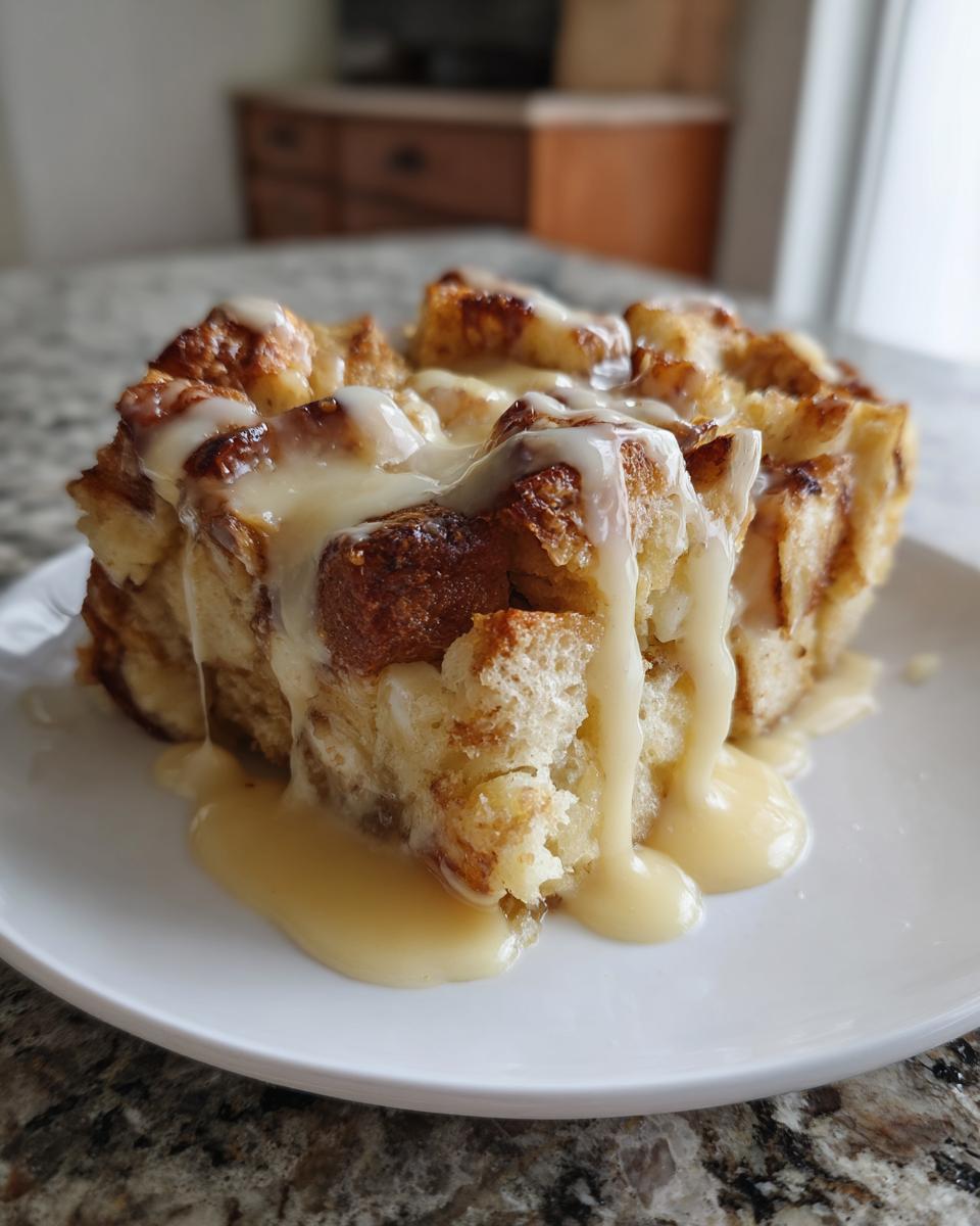 A close-up of a serving of bread pudding topped generously with a thick, creamy vanilla sauce.