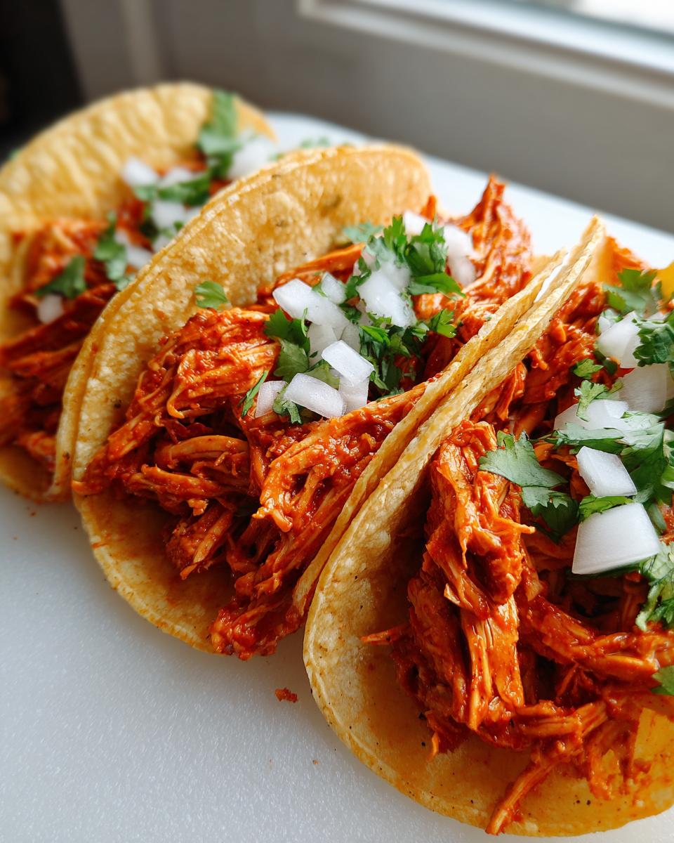 Three delicious chicken tacos filled with vibrant red shredded chicken, topped with fresh diced white onion and cilantro.
