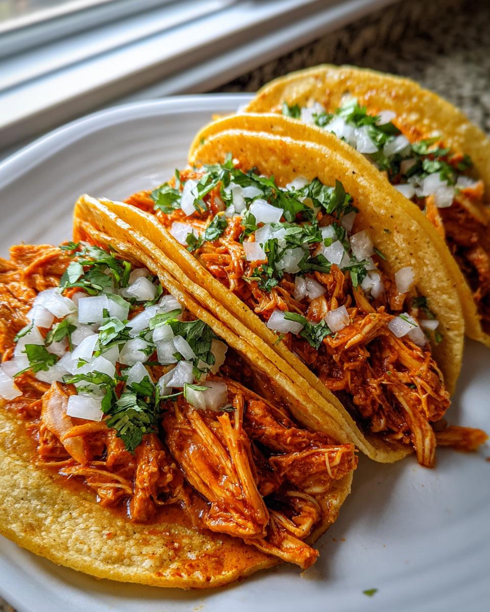 Three delicious chicken tacos filled with shredded, saucy meat, topped with diced white onion and fresh cilantro.
