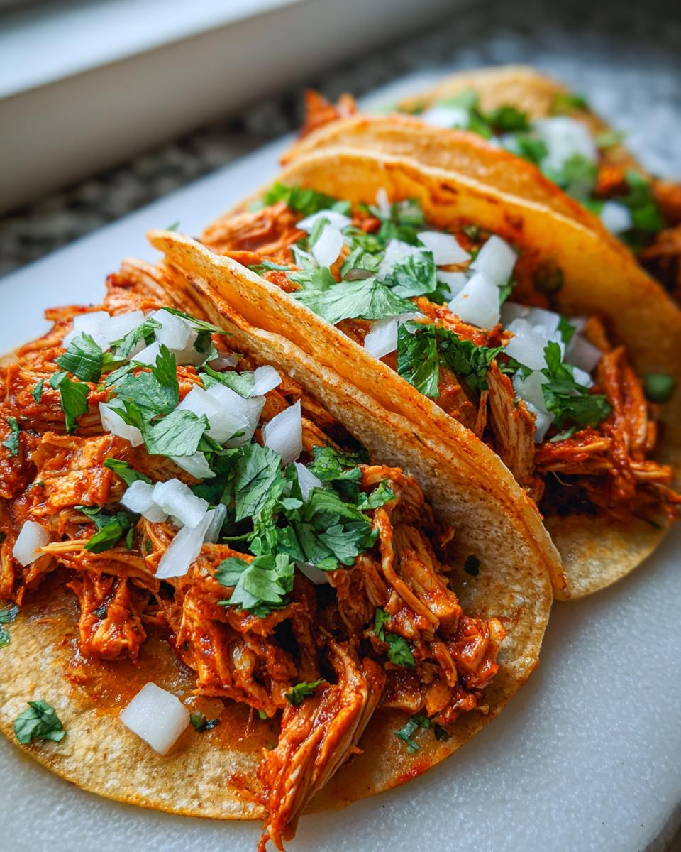 Close-up of three delicious chicken tacos filled with shredded red chicken, topped with diced white onion and fresh cilantro.