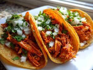 Three delicious chicken tacos filled with shredded, saucy chicken, topped with fresh diced white onion and cilantro.