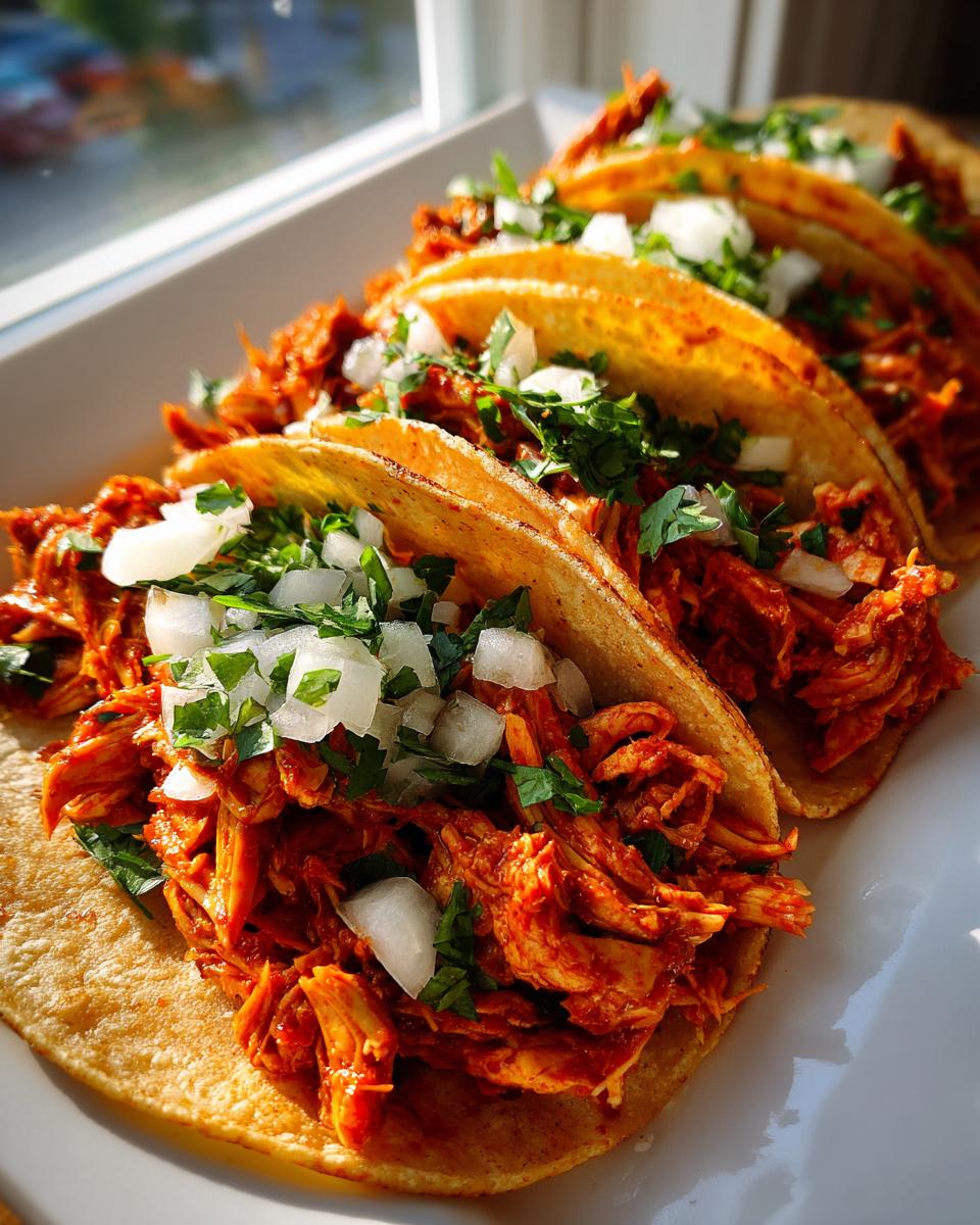 A row of appetizing chicken tacos filled with vibrant red shredded chicken, topped with fresh diced white onion and cilantro.