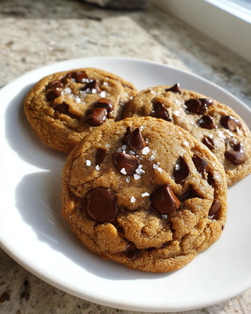 Three freshly baked chocolate chip cookies sprinkled with flaky sea salt on a white plate.