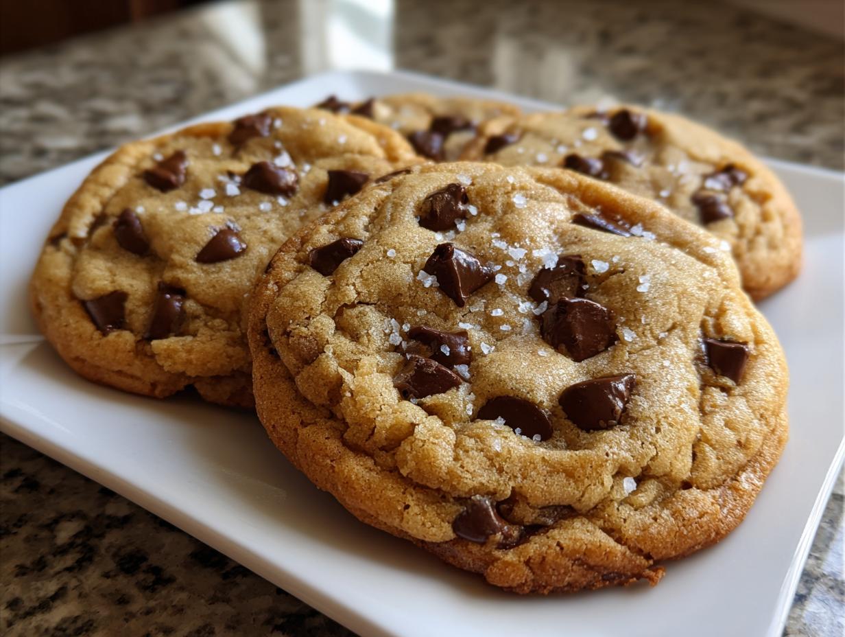 Three freshly baked chocolate chip cookies topped with flaky sea salt, presented on a white plate.