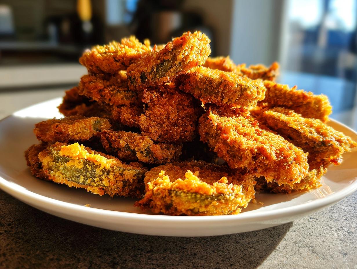 A generous pile of perfectly golden brown, crispy Fried Pickles stacked high on a white plate, ready to eat.