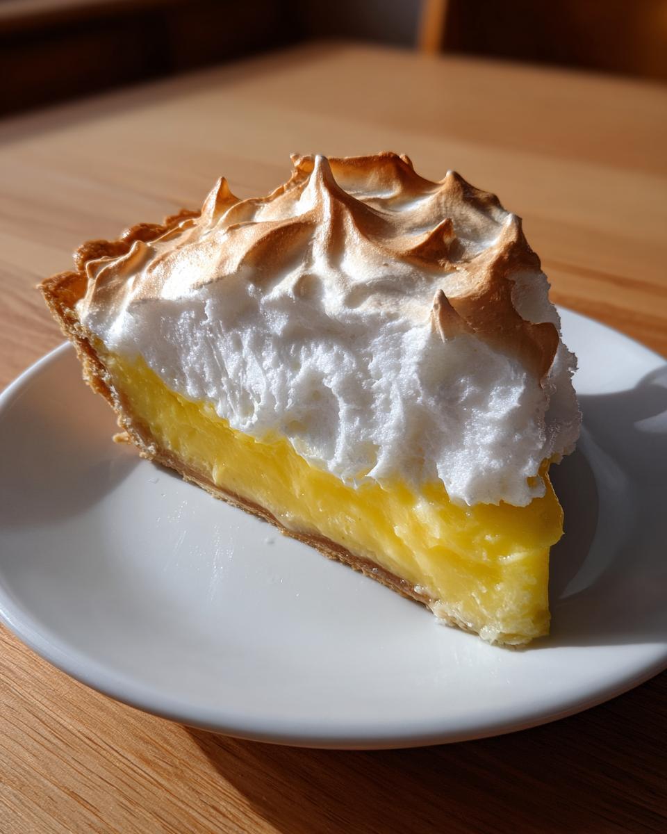 A close-up slice of bright yellow lemon meringue pie with a tall, toasted meringue topping on a white plate.