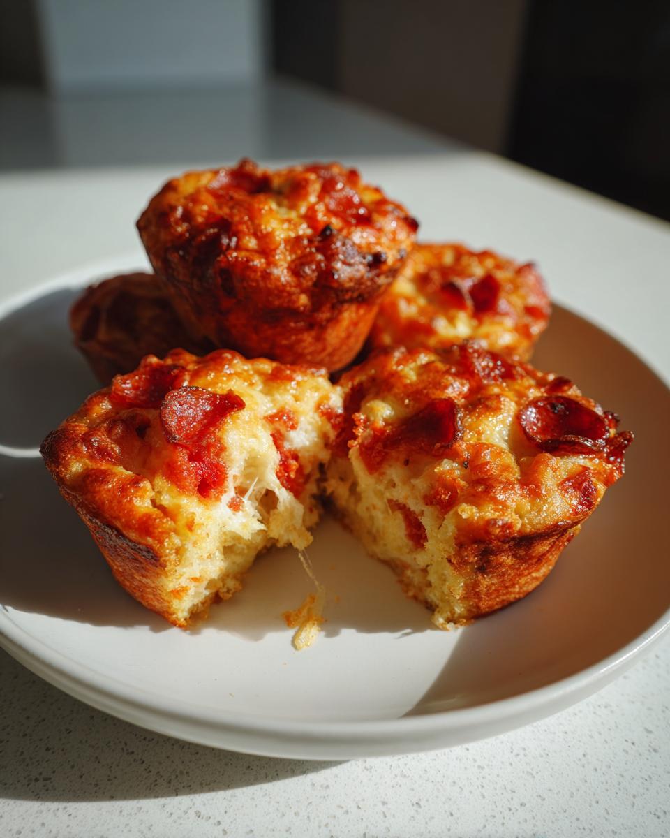 Four golden brown pizza muffins on a plate, one split open showing melted cheese pull.