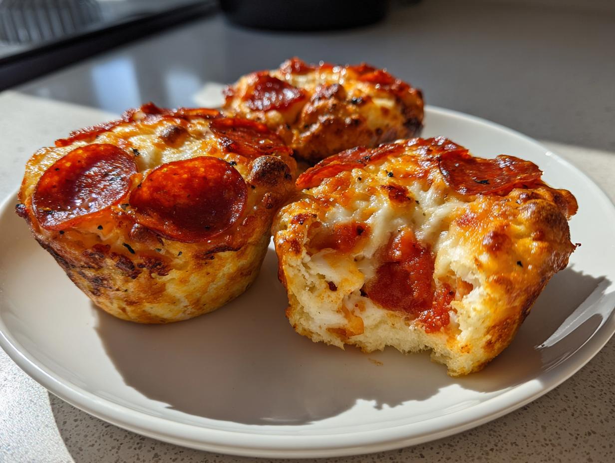 Three golden-brown pepperoni pizza muffins are displayed on a white plate, one is broken open showing the cheesy interior.