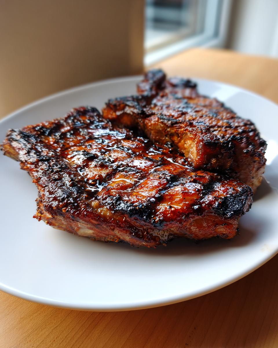 Close-up of a beautifully caramelized and glazed pork steak recipe, showing grill marks on a white plate.