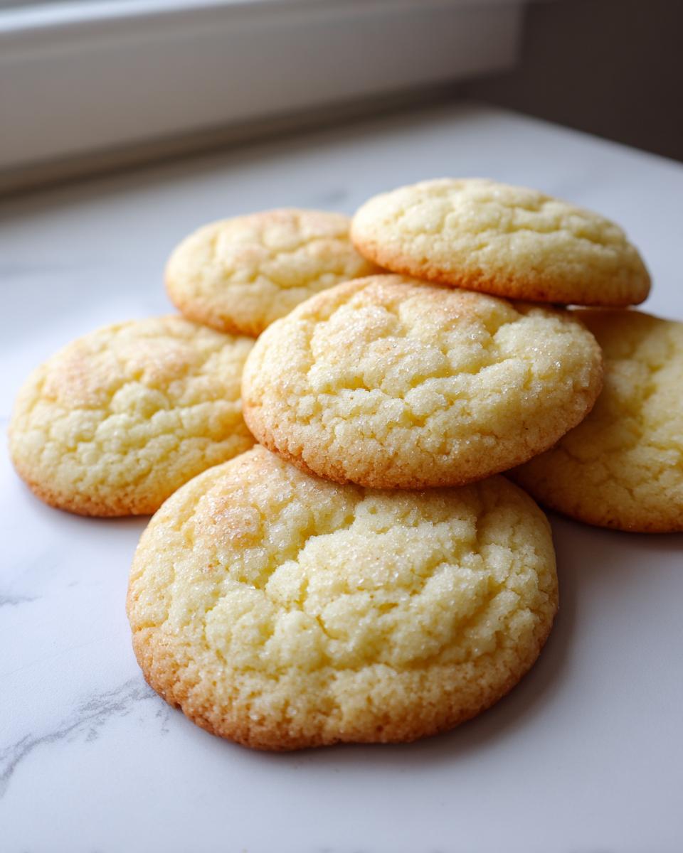 A close-up stack of freshly baked, slightly crinkled sugar cookie rounds sprinkled with fine sugar.