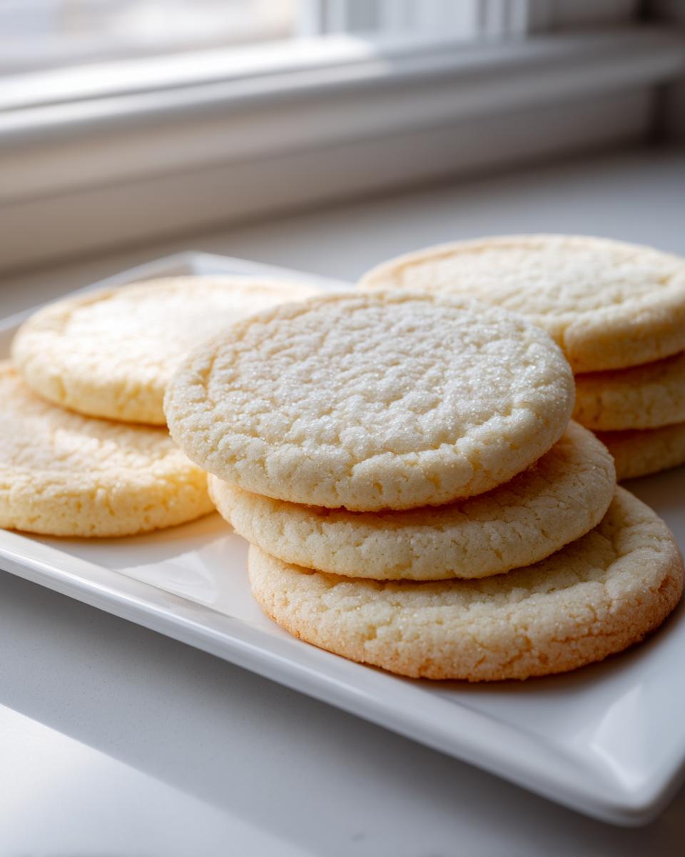 A stack of freshly baked, round sugar cookie treats dusted with fine sugar, displayed on a white platter.