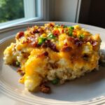 A generous serving of twice baked mashed potatoes topped with melted cheddar cheese, bacon bits, and green onions.