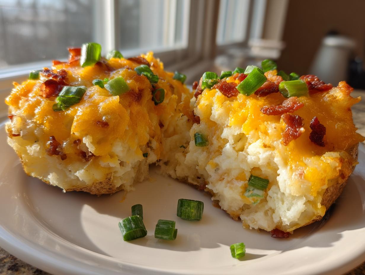 A close-up of a twice baked potato, cut open, showing creamy filling, melted cheddar cheese, bacon, and green onions.