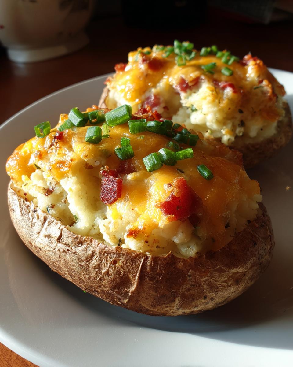 Two perfectly prepared twice baked potatoes stuffed with creamy filling, melted cheddar cheese, bacon bits, and fresh chives.