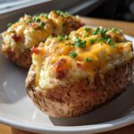 Two amazing twice baked potatoes stuffed with cheesy filling, bacon bits, and topped with fresh chives.
