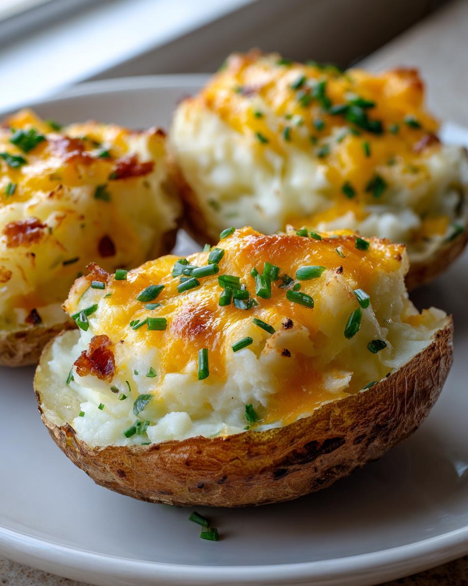 Three servings of amazing twice baked potatoes loaded with melted cheddar cheese and fresh green chives.