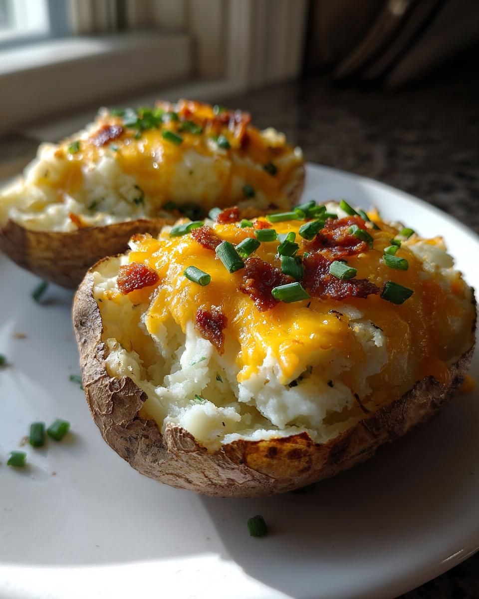 Two perfectly prepared twice baked potatoes topped with melted cheddar cheese, bacon bits, and fresh chives.