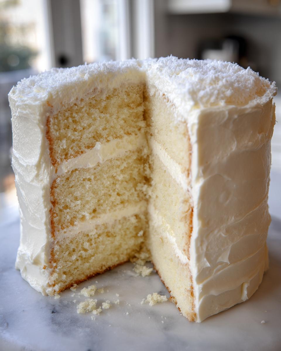 A tall, three-layer vanilla cake recipe slice removed, showing moist crumb and white frosting, topped with coconut.