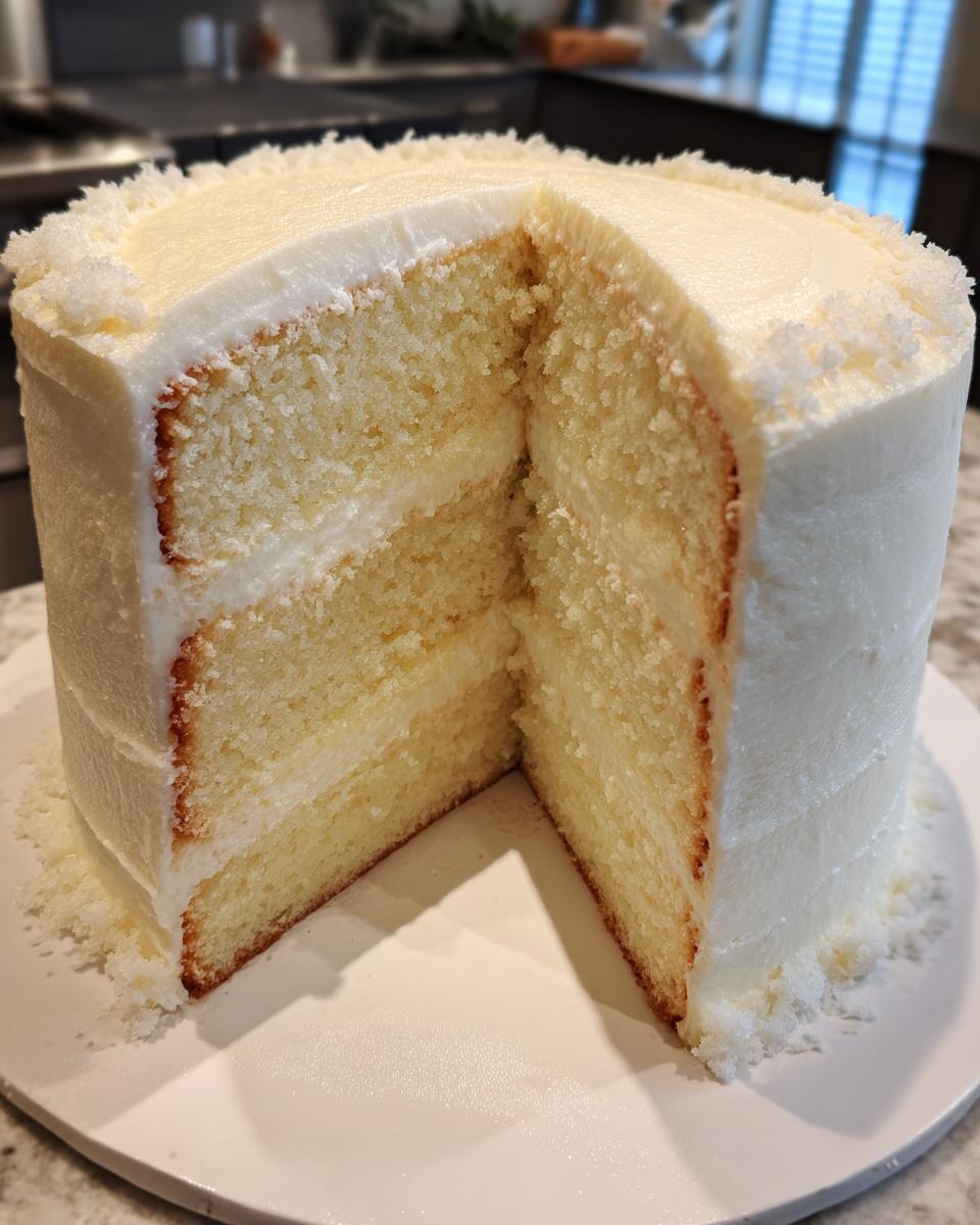 A tall, three-layer vanilla cake recipe slice removed, showing moist yellow cake layers and white buttercream frosting.