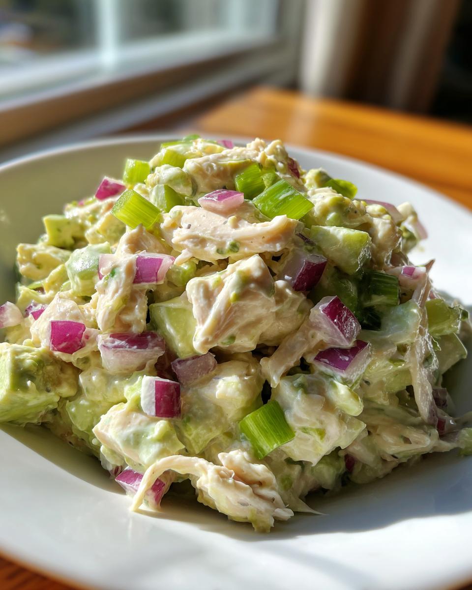 A close-up shot of creamy avocado chicken salad mixed with chunks of avocado, bright green celery, and diced red onion.