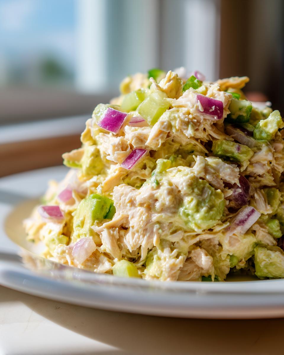 Close-up of a mound of creamy avocado chicken salad mixed with chunks of avocado and diced red onion.