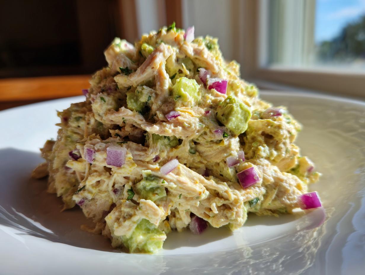 A close-up mound of creamy avocado chicken salad mixed with chunks of avocado and diced red onion, served on a white plate.