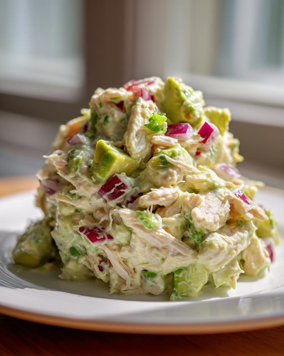 A mound of creamy avocado chicken salad mixed with chunks of avocado and diced red onion served on a white plate.