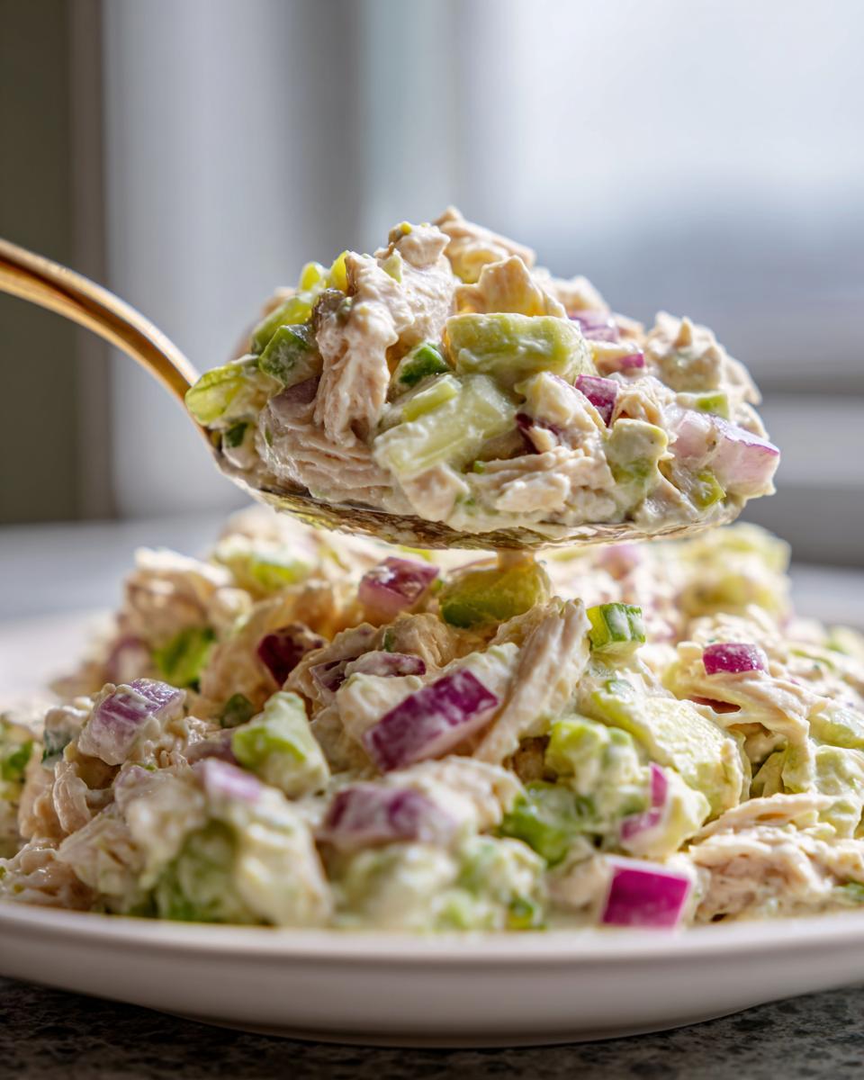 A golden spoon lifting a generous scoop of creamy avocado chicken salad featuring chunks of chicken, celery, and red onion.
