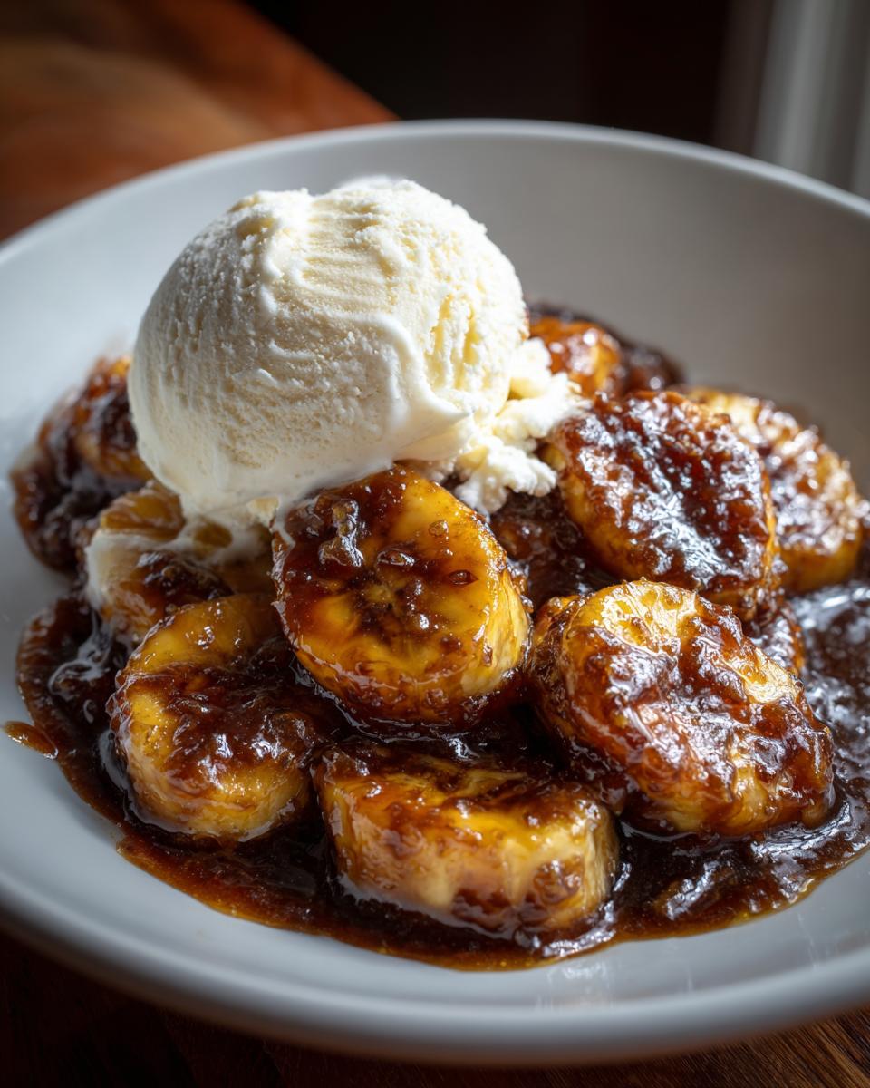 Close-up of warm Bananas Foster slices covered in rich caramel sauce, topped with a scoop of vanilla ice cream.