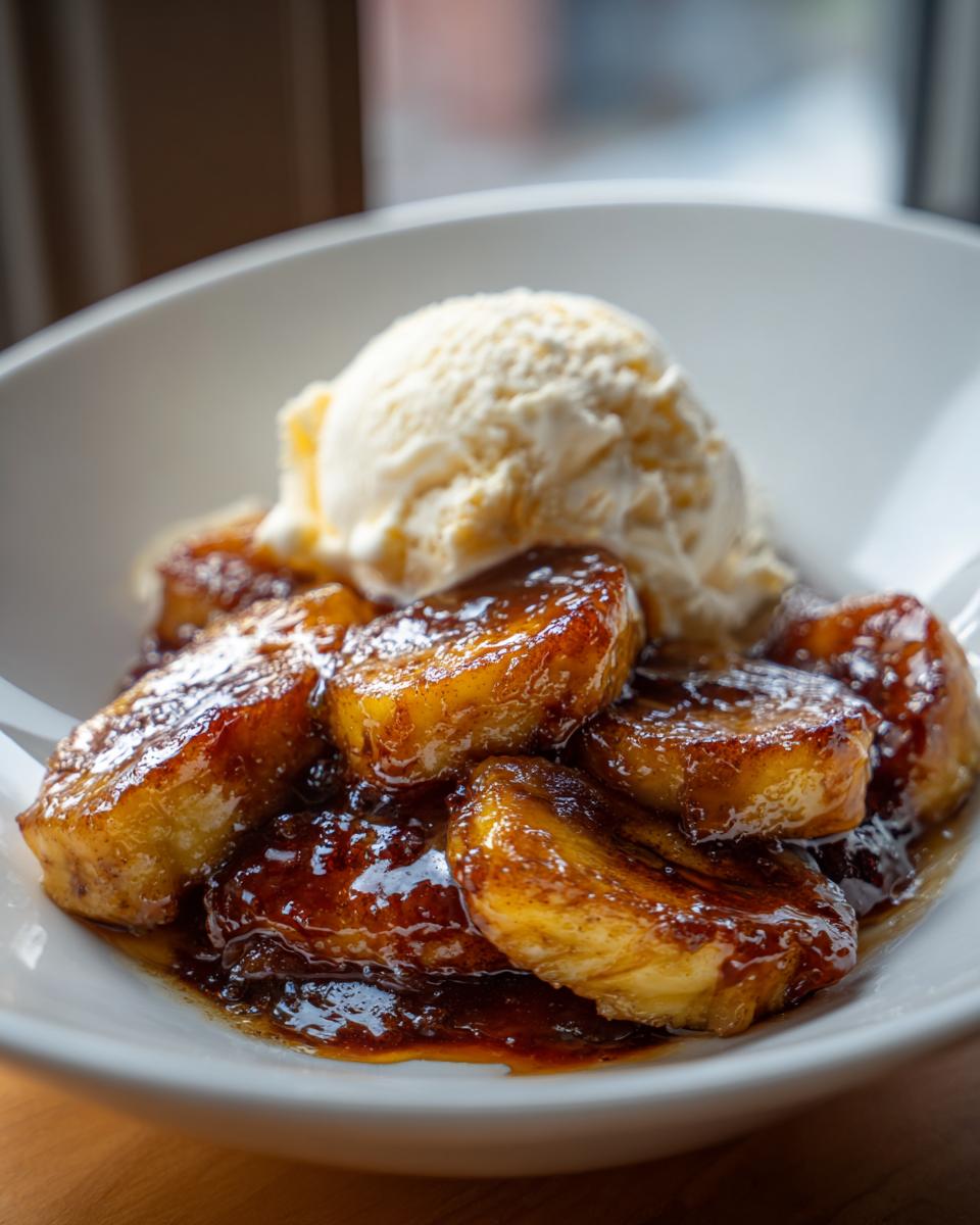 Close-up of caramelized bananas in rich sauce served with a scoop of vanilla ice cream, classic Bananas Foster dessert.