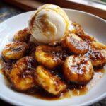 A serving of caramelized bananas foster topped with a scoop of vanilla ice cream drizzled with sauce.
