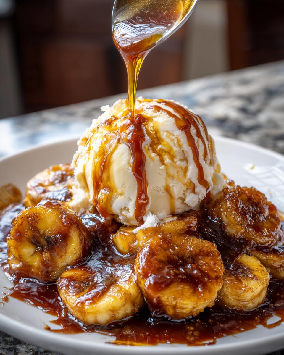 A scoop of vanilla ice cream topped with caramelized bananas and rich sauce being poured over it for delicious bananas foster.