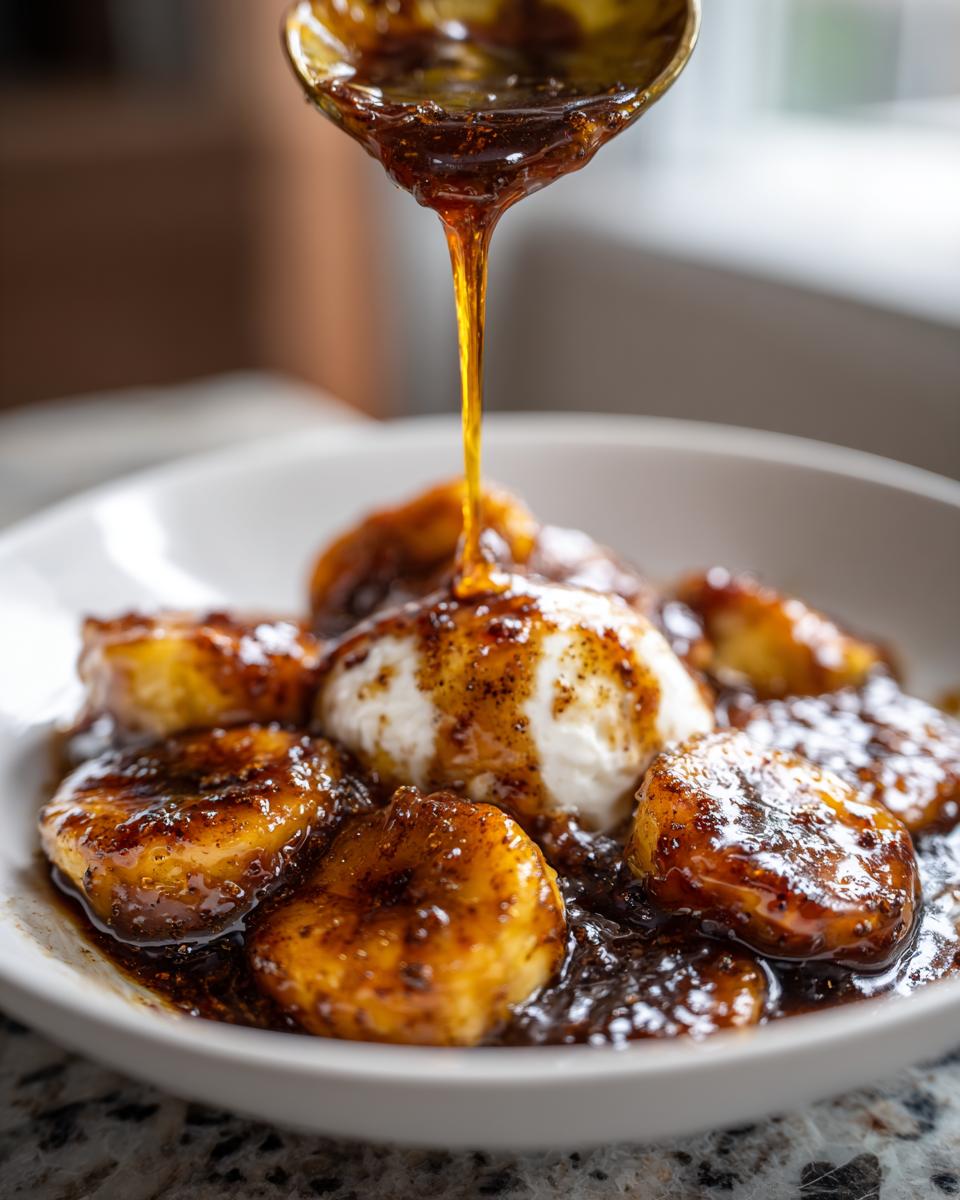 A close-up of caramelized bananas foster being drizzled with rich, dark sauce over vanilla ice cream in a white bowl.