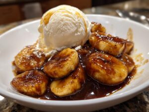A white bowl filled with caramelized bananas in rich sauce, topped with a scoop of vanilla ice cream, showcasing perfect Bananas Foster.