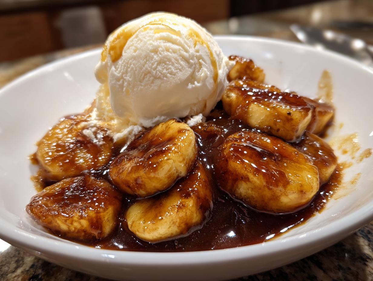 A white bowl filled with caramelized bananas in rich sauce, topped with a scoop of vanilla ice cream, showcasing perfect Bananas Foster.