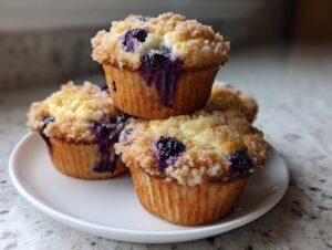A stack of three delicious blueberry muffins topped with a thick layer of sparkling sugar crumble.