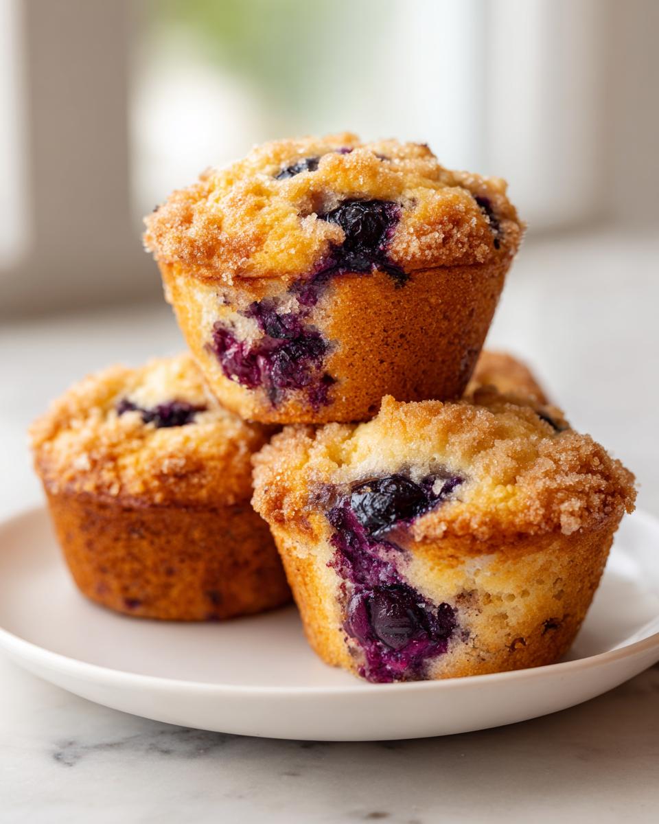 Close-up of three golden-brown blueberry muffins stacked on a white plate, showing burst blueberries and a sugary topping.