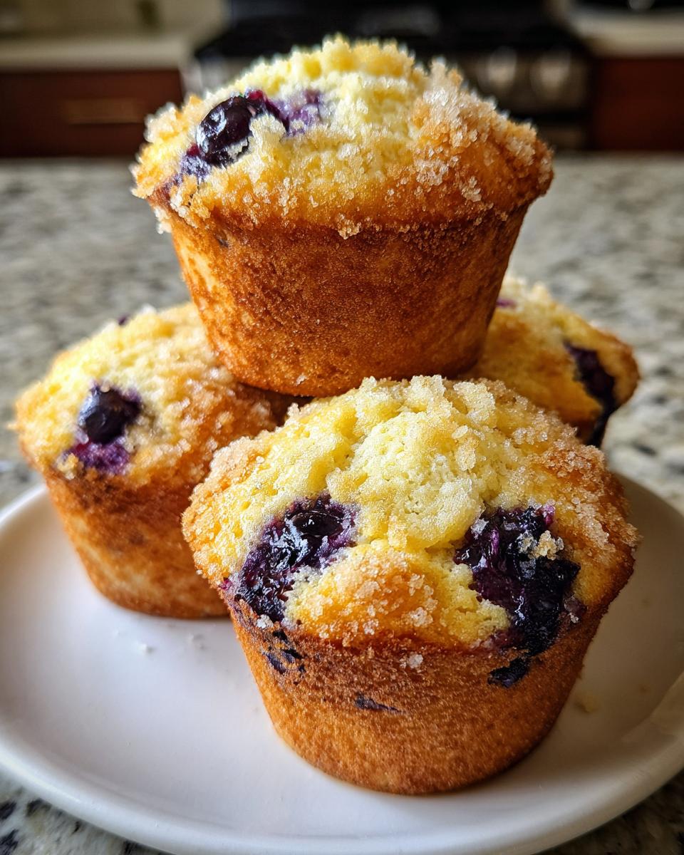 Close-up of four golden brown blueberry muffins stacked on a white plate, featuring a sugary streusel topping.